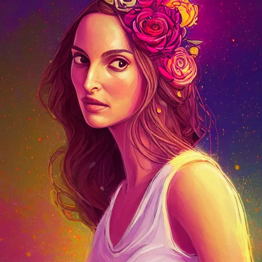 Image similar to beautiful charming goddess of sunshine and roses, inspired by natalie portman and stephanie beatriz, character art portrait, deviantart artstation, by alena aenami, by michael whelan, behance hd, bokeh