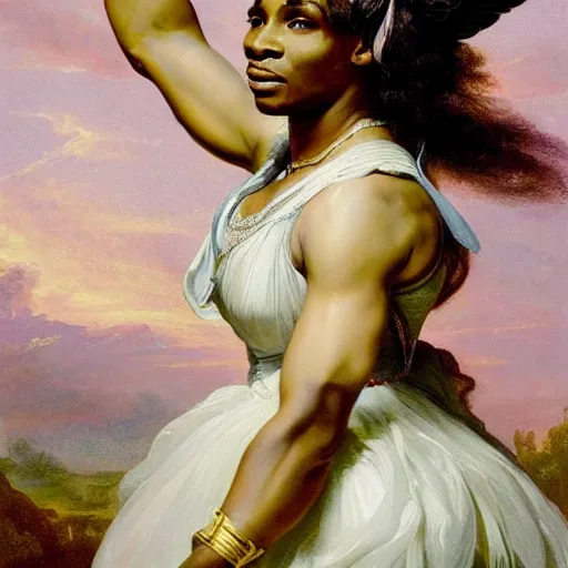 Image similar to Portrait of Serena Williams with wings as Nike Goddess standing proud, large wings, luxuriant, dreamy, eternity, romantic, strong pose, highly detailed, in the style of Franz Xaver Winterhalter, highly detailed, in the style of Aetherpunk