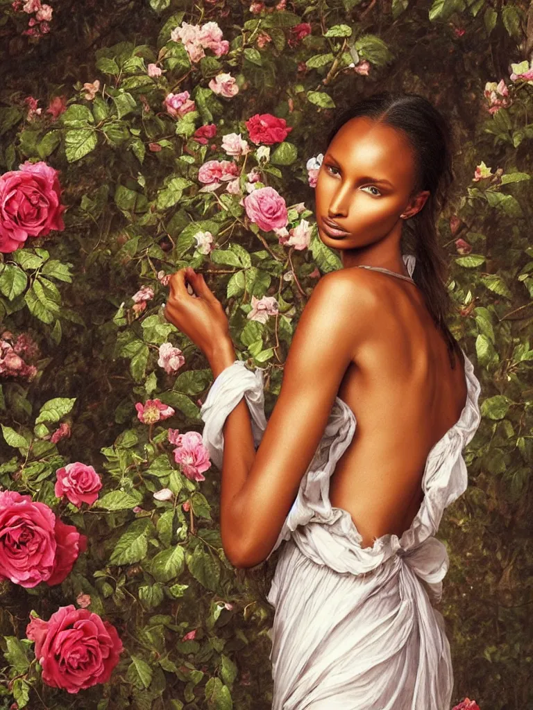 Prompt: jasmine tookes is the goddess of love : : background of roses, myrtle, doves : : rococo, academicism