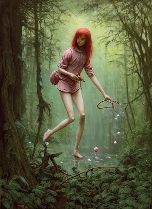 Image similar to bubblegum in the woods by a stream, river gorgeous lighting, lush forest foliage blue sky a hyper realistic painting by chiara bautista and beksinski and norman rockwell and greg rutkowski, tom bagshaw weta studio, and lucasfilm