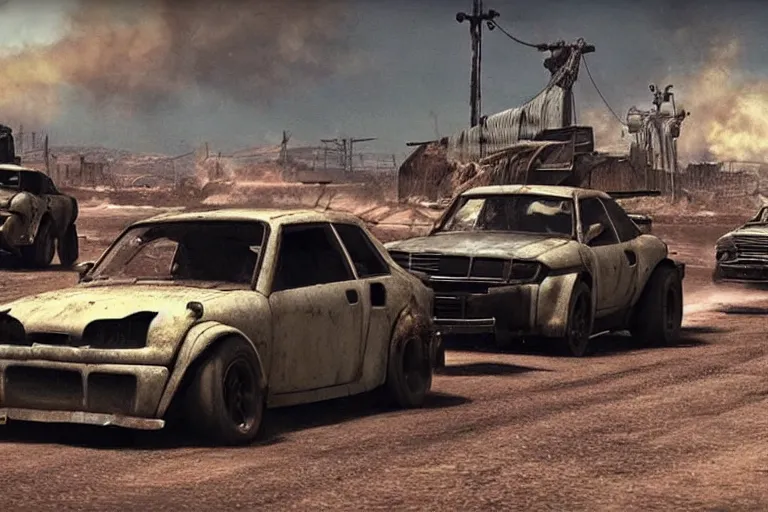 Image similar to smart cars driving in Mad Max Road Warrior, rusted, cobbled together smart car R34 GTR, screenshot, cinematic Eastman 5384 film