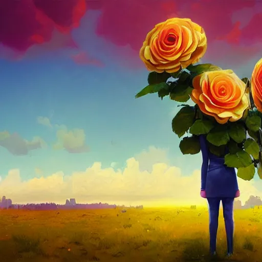 Image similar to portrait, giant rose flower head, girl in a suit, surreal photography, sunrise, blue sky, dramatic light, impressionist painting, digital painting, artstation, simon stalenhag