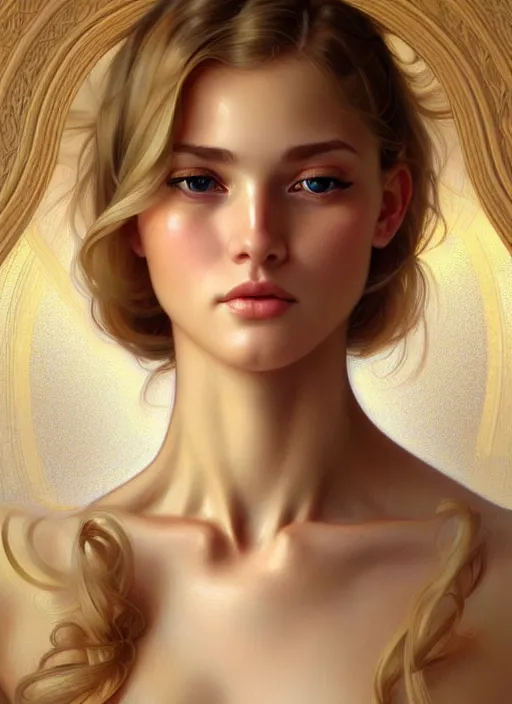 Prompt: perfectly feminine face!! full body portrait of young wife blessed by god with ever - increasing physical mental perfection, blonde, symmetrical! intricate, sensual features, highly detailed, biblical divine holy perfection!! digital painting, artstation, concept art, smooth, sharp focus, illustration, art by artgerm and greg rutkowski and alphonse mucha