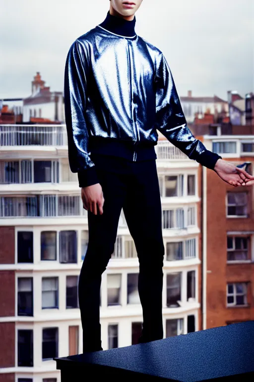 Image similar to un ultra high definition studio quality photographic art portrait of a young man standing on the rooftop of a british apartment building wearing soft padded silver pearlescent clothing. three point light. extremely detailed. golden ratio, ray tracing, volumetric light, shallow depth of field. set dressed.