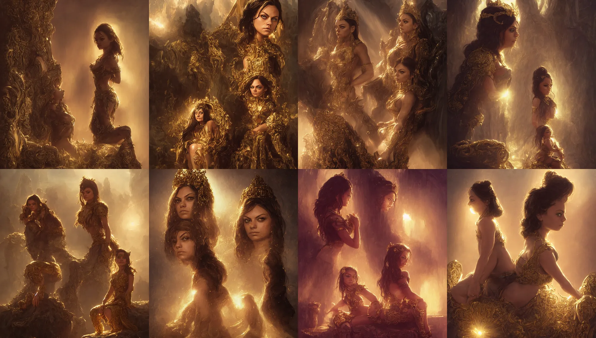 Prompt: close portrait of little princess mila kunis sitting on her throne looking mean, intricate, gold glow, morning sun - rays, low angle, wlop, greg rutkowski, steve argyle, ilya kuvshinov, rossdraw, daniel f. gerhartz,