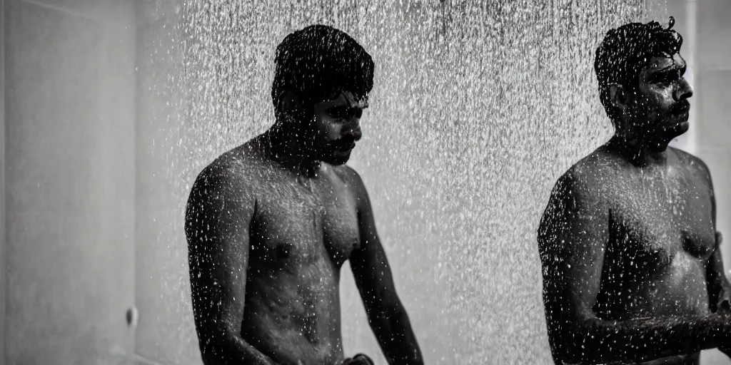 Prompt: sri lankan man in a shower, film still, psycho thriller movie style