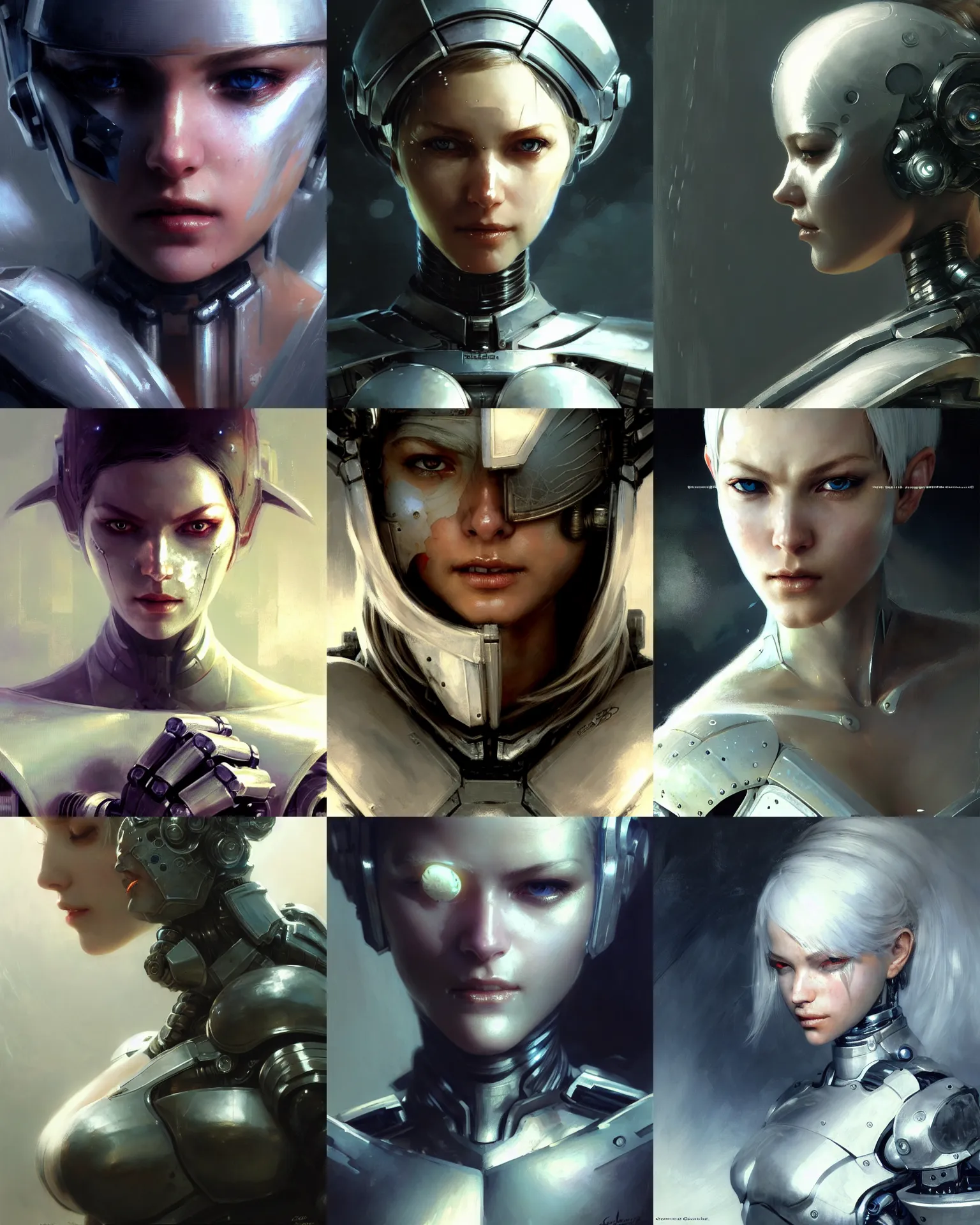 Prompt: extreme close up, facial portrait, woman in white sci - fi armor, mechanical armor, cybernetic hands, striking pose, portrait dnd, nier 2 b, painting by gaston bussiere, craig mullins, greg rutkowski, yoji shinkawa, artgerm