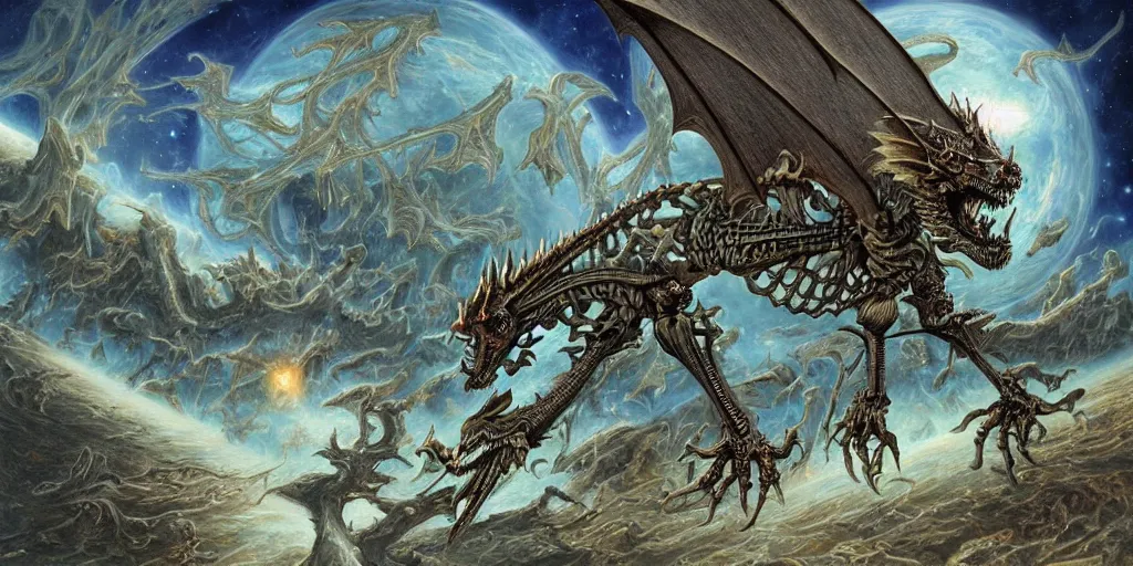 Image similar to a dragon skeleton floating in outer space, Dan Seagrave art