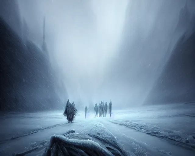 Image similar to in the north niflheim formed and it became such a dark and cold place that there was nothing else than ice and frost and fog, norse mythology, beautiful digital painting in the style of wlop, volumetric lightning, intricate details, ultra realistic, by art germ, by gerald brom, fantasypunk, deep colors, trending cgsociety, artstation, sharp