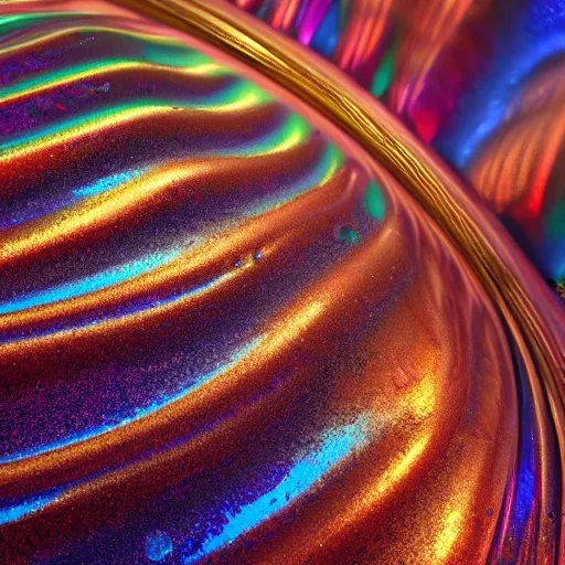 Image similar to Art Nouveau cresting oil slick waves, hyperdetailed bubbles in a shiny iridescent oil slick wave, ornate copper patina medieval ornament, rococo, oganic rippling spirals, octane render, 8k 3D