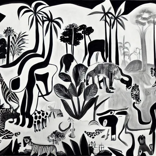 Image similar to black and white painting of the jungle with jungle animals, el guernica style,