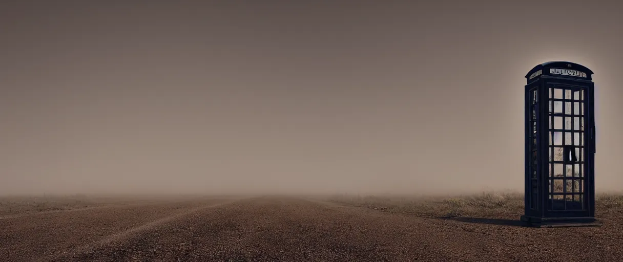 Prompt: an old telephone booth at the end of an extremely long and dusty road in the middle of nowhere at night, film grain, large format photograph, vibrant colors, misty, moody, sinister, ambient lighting, cinematic color grading, 8 k render, hyper realistic, ultra hd, unreal engine 5 render