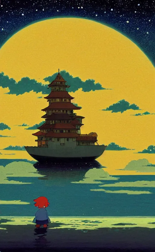 Image similar to a very dull wide shot still from ponyo ( 2 0 0 8 ) of matsushima bay on a starry night. an old monk is nearby. perfect art, grimdark, trending on pixiv fanbox, painted by studio ghibli