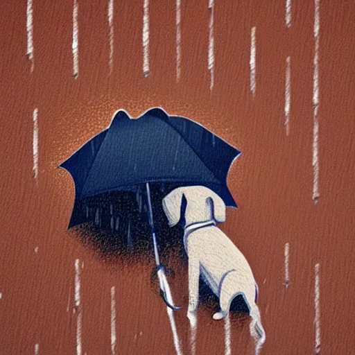 Prompt: dog underneath an umbrella in the rain, view from above stylised