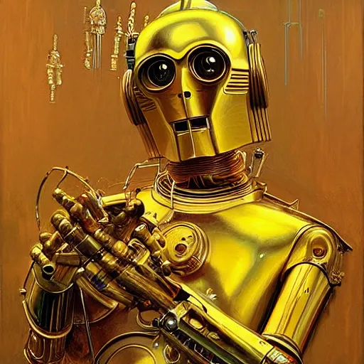 Image similar to medium shot stunning portrait of C3PO playing the golden lyre, painting by Raymond Swanland and Donato Giancola, Robot, sci-fi, cybernetic, hq