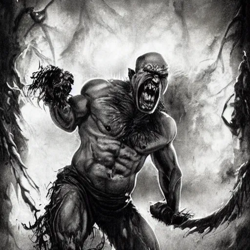 Image similar to werewolf lycanthrope grinning razorpunk vile reprobate jason statham ripped physique portrait Wolfman Wolfman Fenrir with tombow jonas de ro odd nerdrum greg rutkowski frank frazetta alexandre briclot Dave Dorman splatterpaint