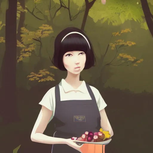 Image similar to a beautiful full body portrait of a young woman wearing an apron standing in a park, kantoku, james gilleard, lois van baarle, ilya kuvshinov, rossdraws, very detailed, matte, gaussian blur, tone mapped