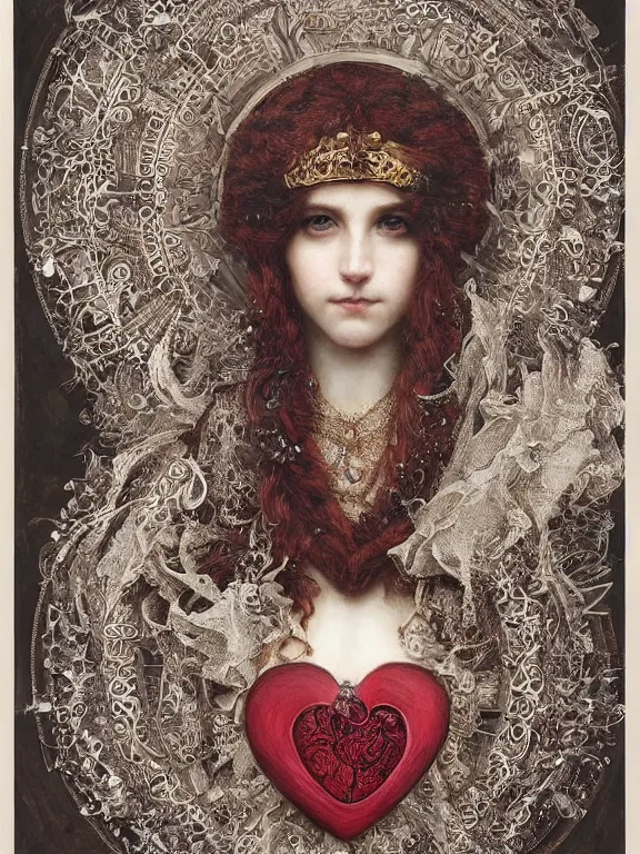 Prompt: a beautiful render of a catholic veiled red queen with symmetry intricate detailed ,heart sculpture,by Lawrence Alma-Tadema,,aaron horkey,Billelis,trending on pinterest,hyperreal,jewelry,gold,intricate,maximalist,glittering,golden ratio,cinematic lighting