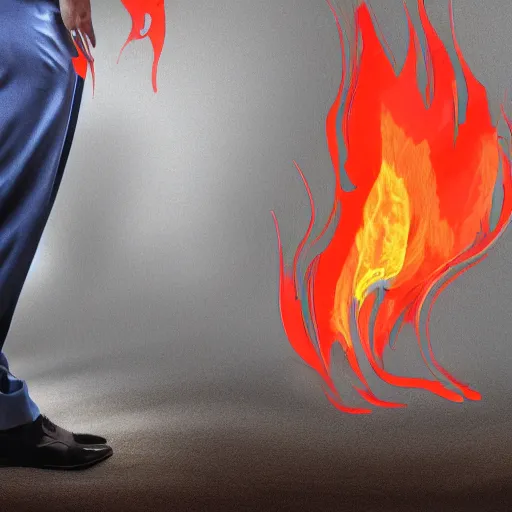 Prompt: a man wearing pants that are on fire, digital art