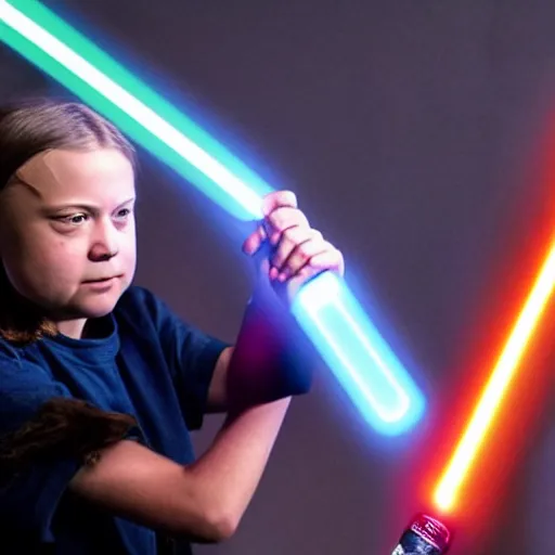 Prompt: Greta Thunberg in a lightsaber duel with Donald Trump