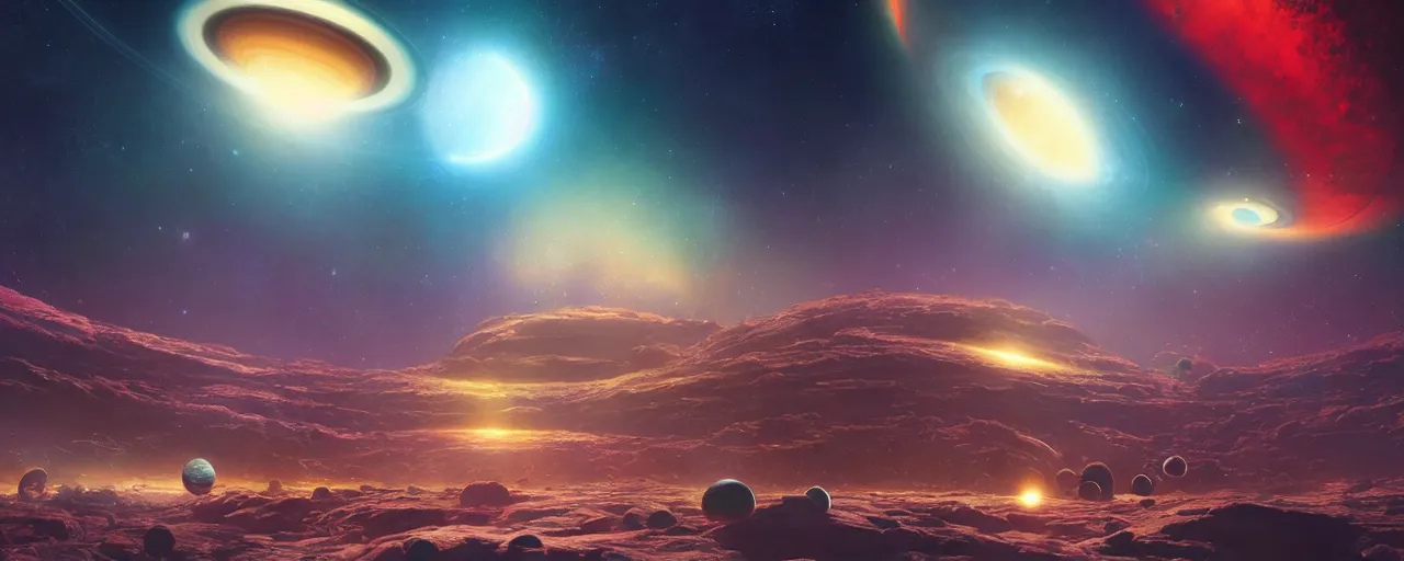 Image similar to ” outer solarsystem with ring planets, [ cinematic, detailed, epic, widescreen, opening, establishing, mattepainting, photorealistic, 4 k, octane render, art by paul lehr ] ”