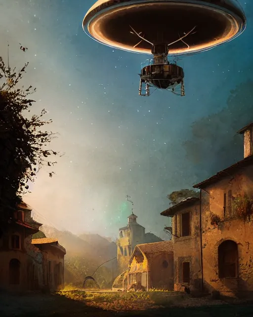 Prompt: ufo landing in italian medieval village, ultra realistic, lens flare, atmosphere, glow, detailed, intricate, full of colour, cinematic lighting, trending on artstation, 4 k, hyperrealistic, focused, extreme details, cinematic, masterpiece, by ismail inceoglu