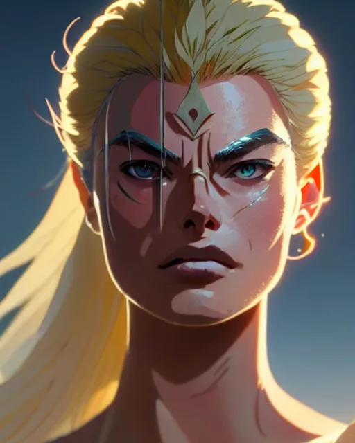 Image similar to azctec warrior, margot robbie, detailed perfect face, exquisite details, fire magic, mid view, design on a white background, by studio muti, greg rutkowski makoto shinkai takashi takeuchi studio ghibli