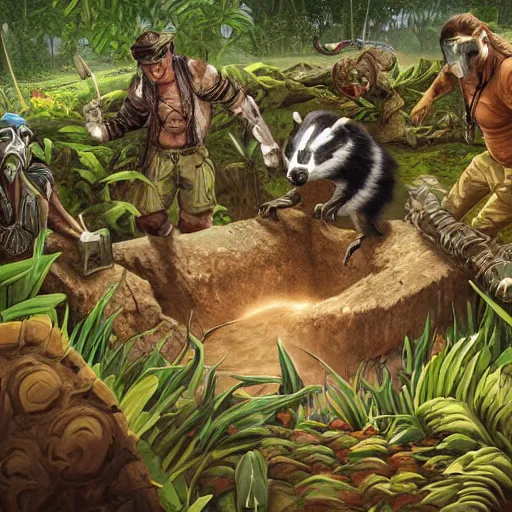 Image similar to Badger Archaeologists Digging a Hole Deep in the Amazon Jungle artwork by Word of Warcraft Art Direction, detailed, dynamic, cinematic composition