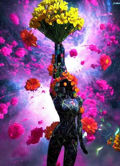 Image similar to An epic fantastic realism comic book style painting of the most beautiful flowers launched into space, bouquets, everything being pulled into a black hole, floral meteor, fisheye, unreal 5, DAZ, hyperrealistic, octane render, dynamic lighting