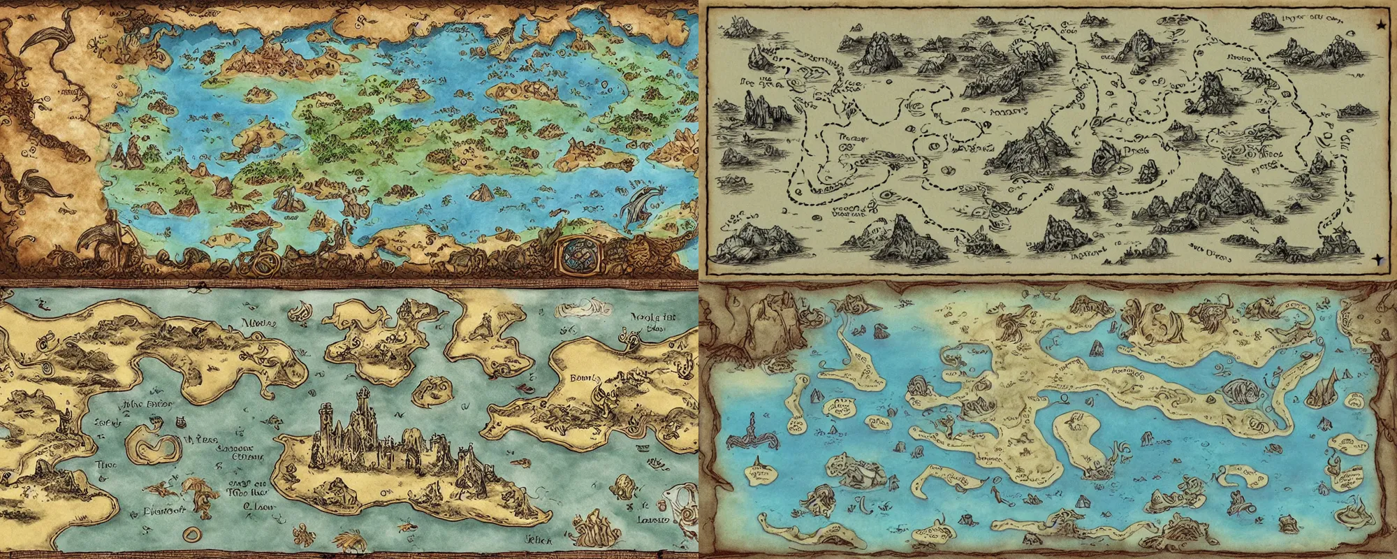 Prompt: a detailed treasure map for a fantasy book showing landmarks, sea creatures and no text