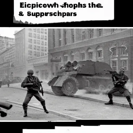 Image similar to Epic shootout between Soviet and American troops on the streets of New York, powerful explosions, retro futuristic style, super detail of each object,