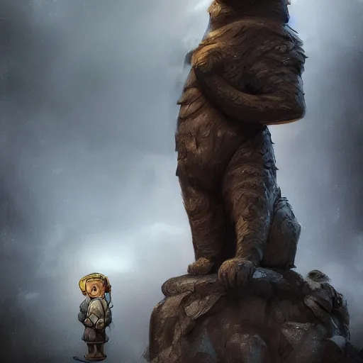 Image similar to an adventurer discovering a giant statue of a cat staring at him, moody, fantasy, dark atmosphere, digital art, trending on artstation