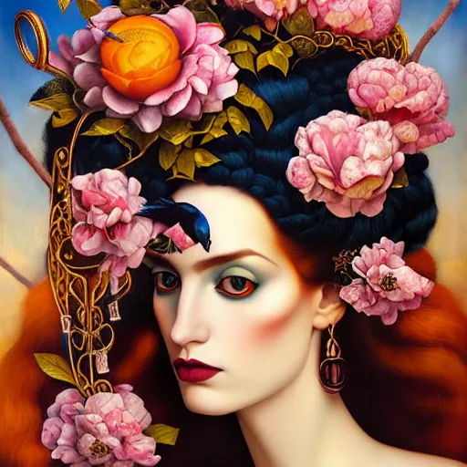 Image similar to dynamic composition, a painting of a woman with hair of flowers and raven plummage wearing ornate earrings, a surrealist painting by tom bagshaw and jacek yerga and tamara de lempicka and jesse king, featured on cgsociety, pop surrealism, surrealist, dramatic lighting, wiccan, pre - raphaelite, ornate gilded details