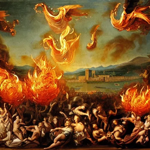 Prompt: baroque painting of burning athens with fire tornadoes