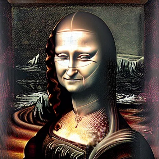 Image similar to The monalisa, reimagined in the style of H.R. Giger, is a dark and eerie portrait of a woman with a hidden, sinister smile. Her eyes seem to follow you as you move, and her skin is cold and pale. She is not a woman to be trifled with.