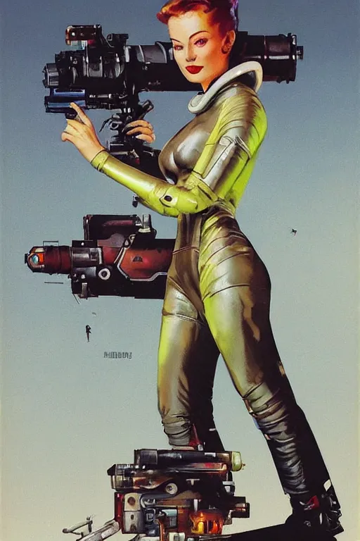 Prompt: pulp scifi fantasy illustration full body portrait of elegant woman wearing latex spacesuit shooting retro ray gun at alien, by norman rockwell, jack kirby, bergey, craig mullins, ruan jia, jeremy mann, tom lovell, 5 0 s, astounding stories, fantasy