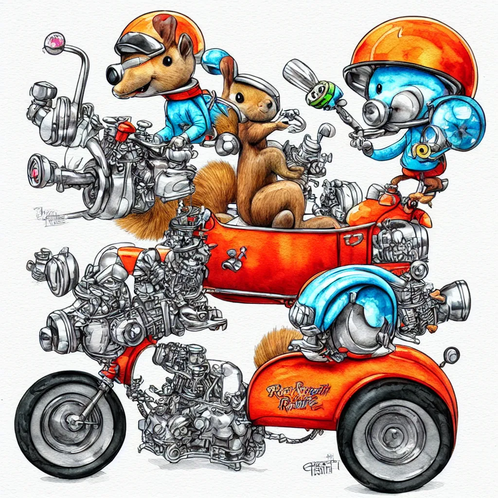 Image similar to cute and funny, squirrel wearing a helmet riding in a hot rod with oversized engine, ratfink style by ed roth, centered award winning watercolor pen illustration, isometric illustration by chihiro iwasaki, edited by range murata, tiny details by artgerm and watercolor girl, symmetrically isometrically centered, sharply focused