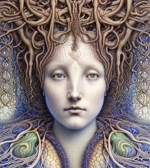 Prompt: detailed realistic beautiful reef goddess face portrait by jean delville, gustave dore, iris van herpen and marco mazzoni, art forms of nature by ernst haeckel, art nouveau, symbolist, visionary, gothic, neo - gothic, pre - raphaelite, fractal lace, intricate alien botanicals, ai biodiversity, surreality, hyperdetailed ultrasharp octane render