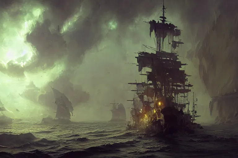 Prompt: an old pirate ship in space, digital painting, volumetric light, intricate, sharp, focus, bloom, illustration, highly detailed, concept art, matte, ruan jia, randy vargas, greg rutkowski