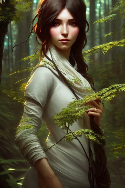 Prompt: beautiful digital painting of a stylish female forest with high detail, 8 k, stunning detail, works by artgerm, greg rutkowski and alphonse mucha, unreal engine 5, 4 k uhd