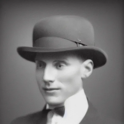 Image similar to A photograph portrait of Jerma985 wearing a homburg hat in the early 1920s, taken in the early 1920s, grainy, taken on a early 1900s Kodak Camera, realistic, hyperrealistic, very realistic, highly detailed, very detailed, extremely detailed, detailed, digital art, trending on artstation