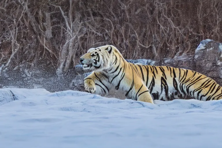 Image similar to a tiger polar bear!!! hybrid! hyper realistic!! realistic lighting!! wildlife photographer of the year!!! bold natural colors, national geographic, hd, wide angle, 8 k