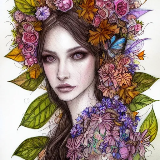 Image similar to a drawing of a beautiful woman dressed in flowers and leaves standing in an enchanted forest, high fantasy, elegant, epic, detailed, intricate, pencil and watercolor, concept art, realistic detailed face, smooth, focus, rim light,