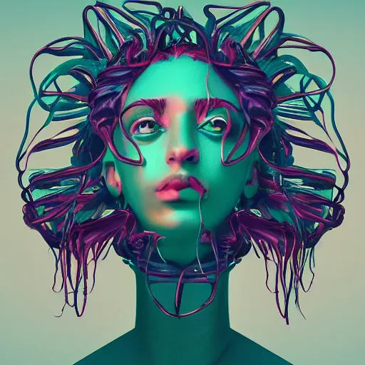 Prompt: flume and former cover art future bass girl unwrapped statue bust curls of hair angry greek expression futuristic material vibrant colours simple background Jonathan Zawada style