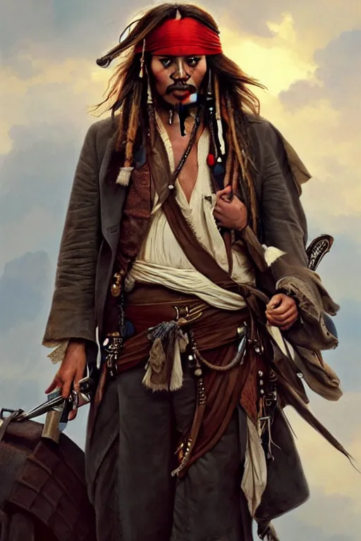 Image similar to Boris Johnson as Jack Sparrow, portrait, highly detailed, digital painting, artstation, concept art, smooth, sharp focus, illustration, cinematic lighting, art by artgerm and greg rutkowski and alphonse mucha