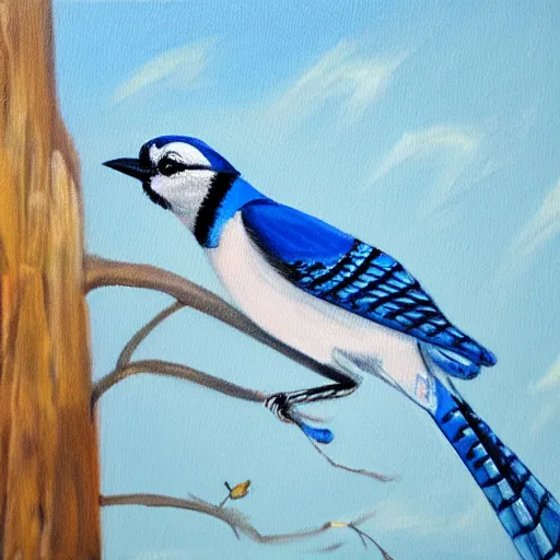 Prompt: a painting of a bluejay returning to the girl that raised it