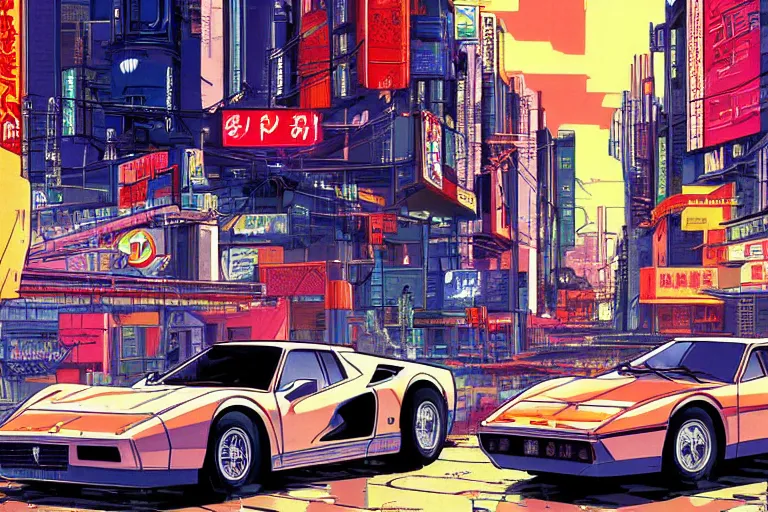 Image similar to 1985, single Ferrari GTO, city in anime cyberpunk style by Hayao Miyazaki