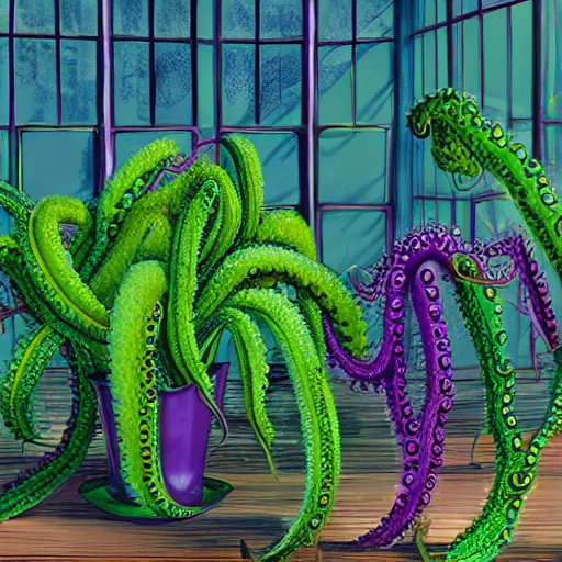 Prompt: wide shot several green and violet poisonous spiked tentacula vines grow from a pot, on wooden table in the ray of sunshine in greenhouse, digital art, hyper realistic, sharp focus, high detailed, calm, warm lighting, by Rutkowsky