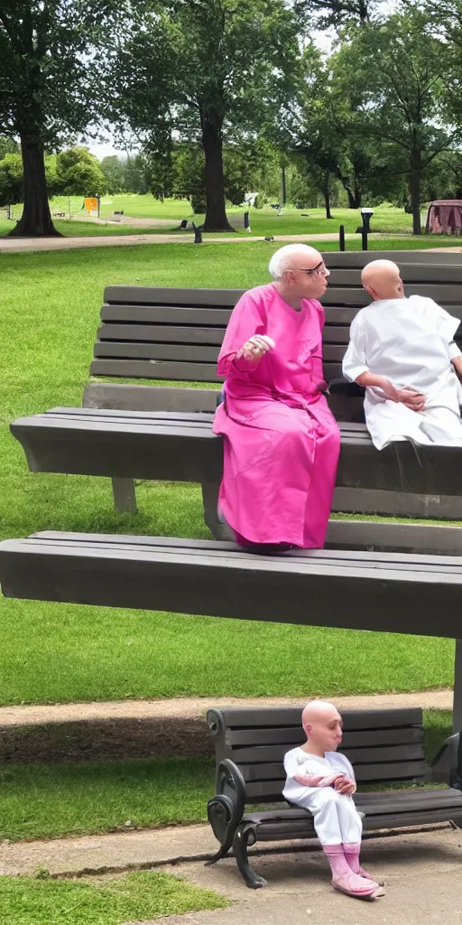 Image similar to In the park, bald old people in hospital gowns and bald children sitting on benches .