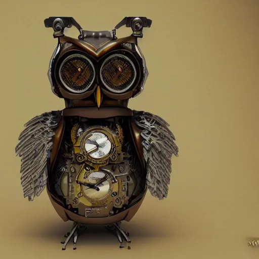 Image similar to render of a mechanical owl, steampunk style, 8k